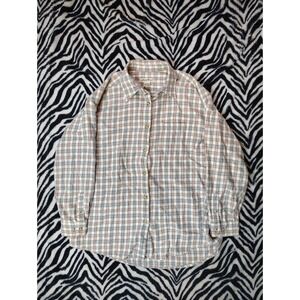 Eddie Bauer Flannel Shirt Women XL Beige Plaid Long Sleeve Heavyweight Button Up